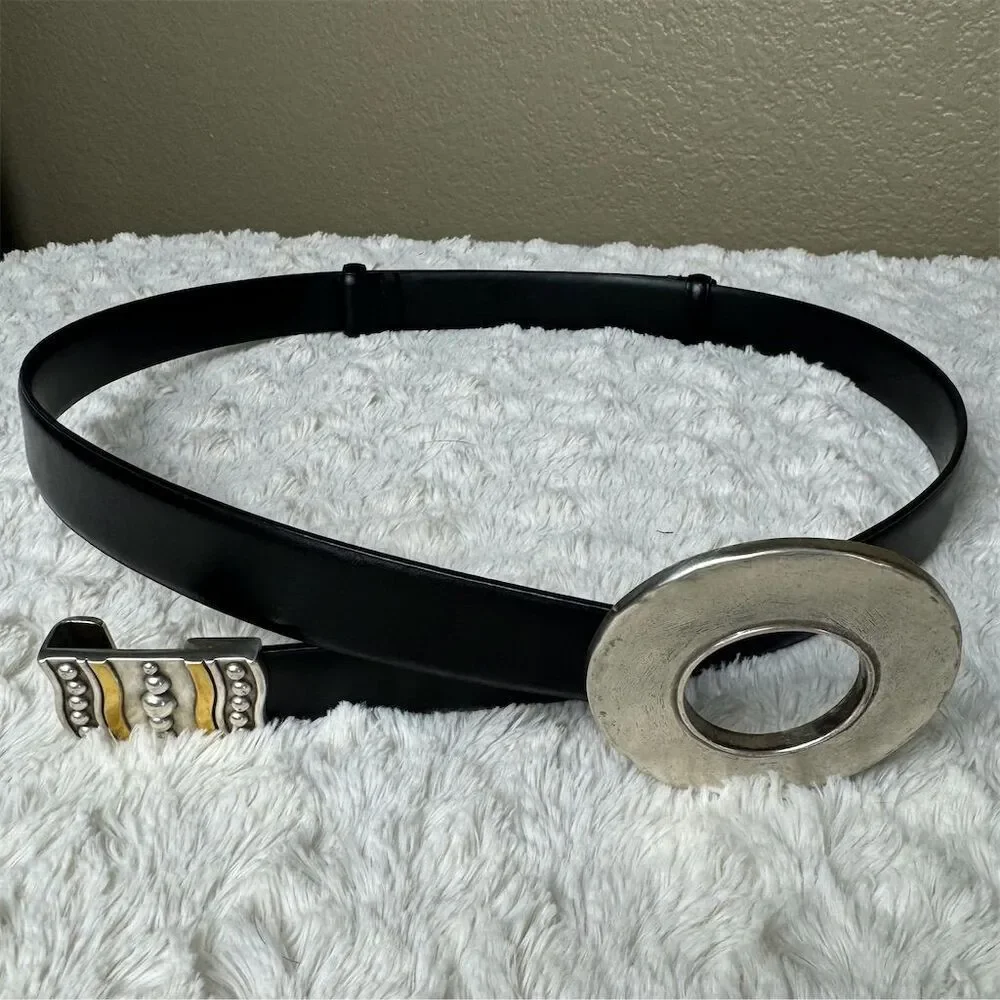Chico's Vintage Black Leather Western Belt Silver Buckle Unisex M